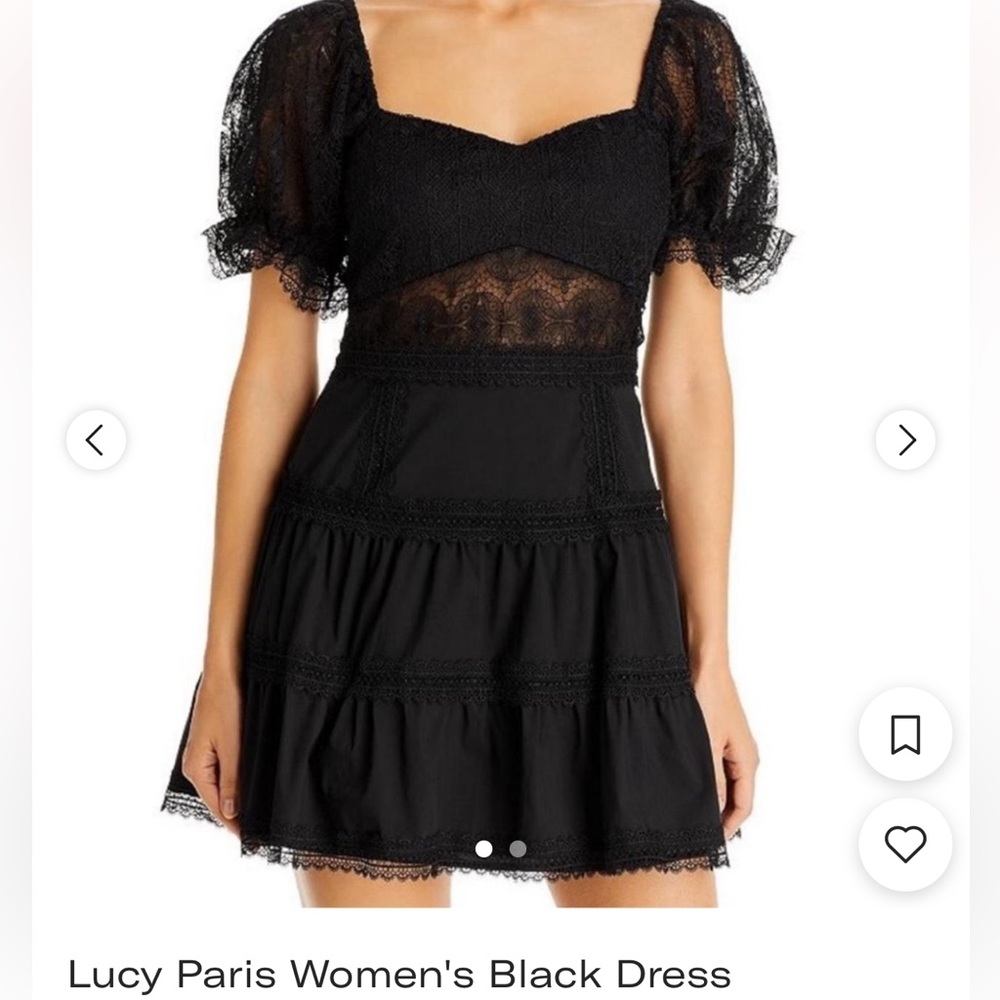 Lucy Paris Square Sweetheart Neck Lace Sheer Puff Sleeve Tiered Babydoll Dress